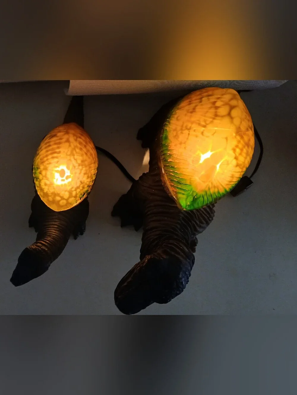 Vintage 1990's Cheyenne Dinosaur Lamps with Amber-Green Glass Shade